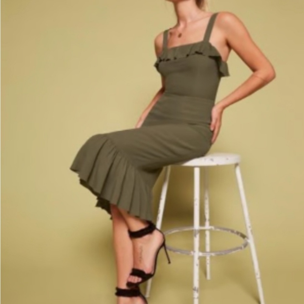 Reformation Army Green “Frida” Midi Dress Square Neck Cocktail